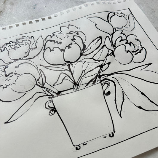 India Ink Peonies in Cache Pot (ii)
