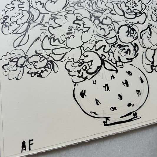 India Ink Peonies in Polka Dot Vase