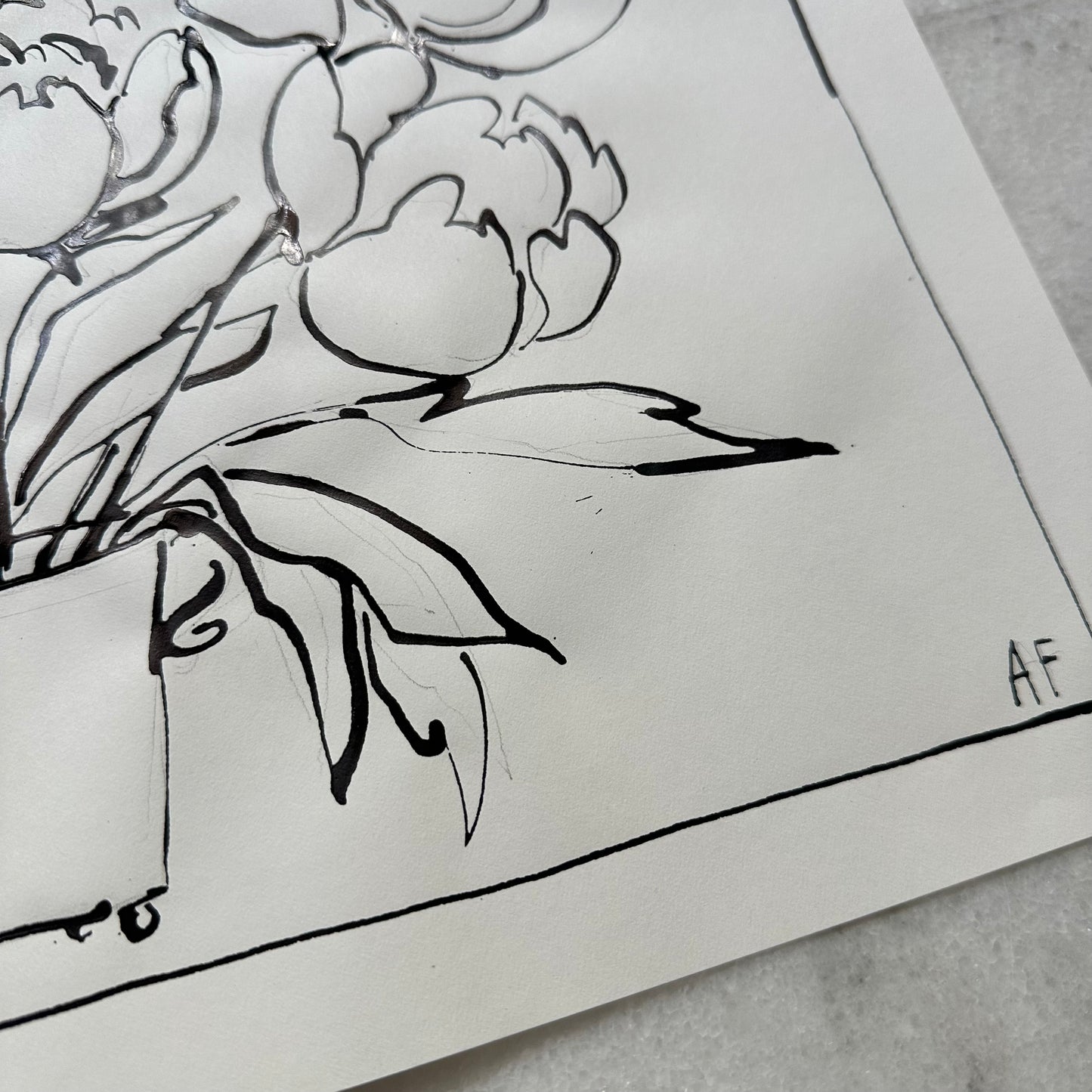 India Ink Peonies in Cache Pot (i)