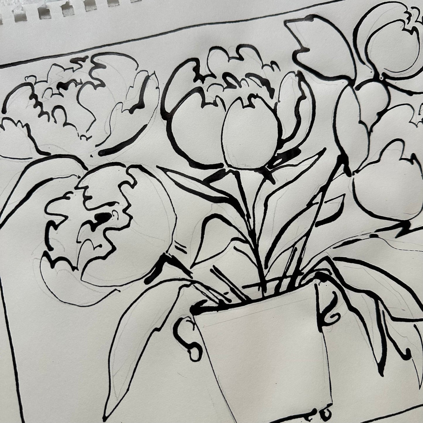 India Ink Peonies in Cache Pot (i)