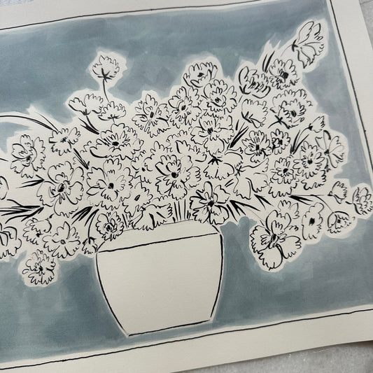 Flowers in Vase with Blue Background