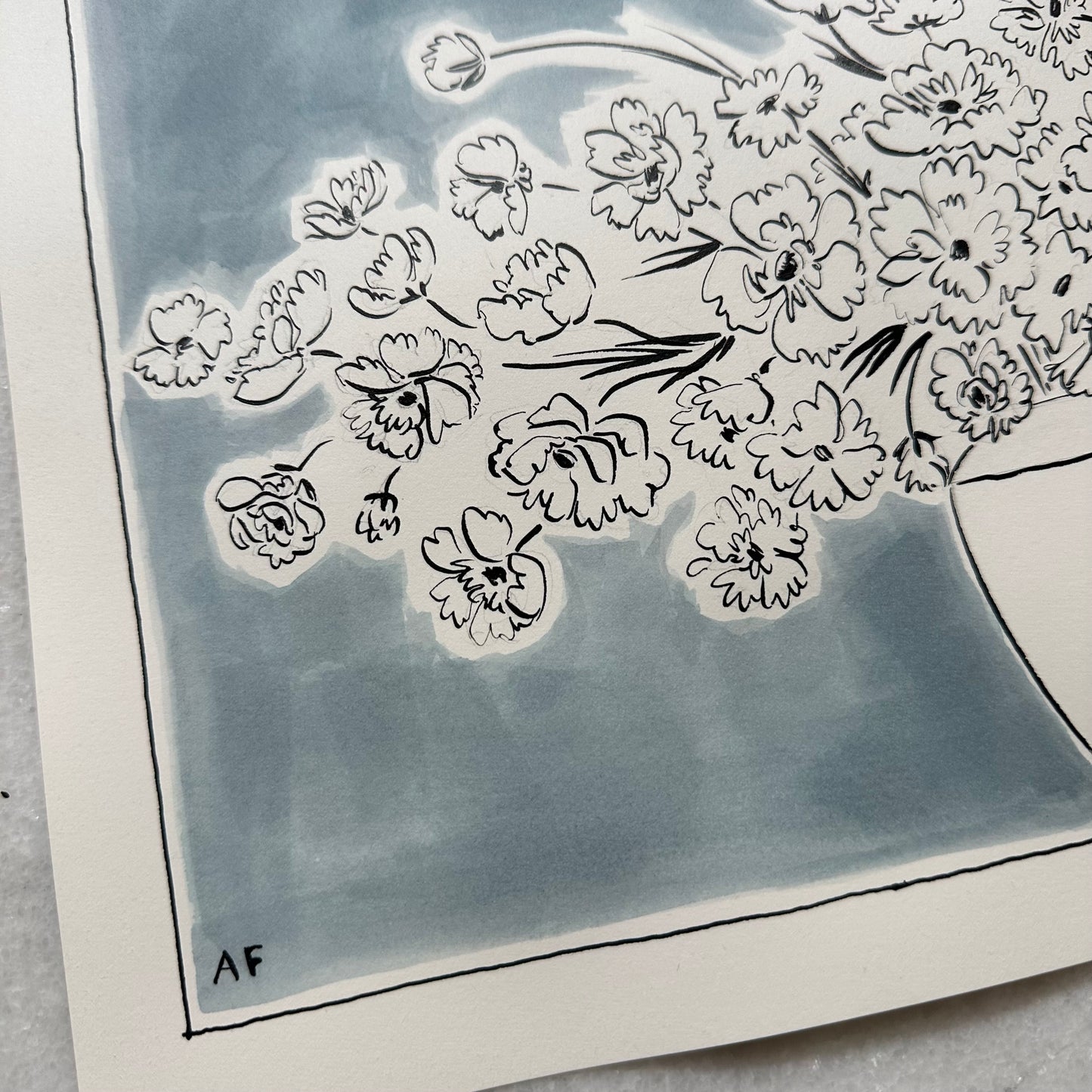 Flowers in Vase with Blue Background