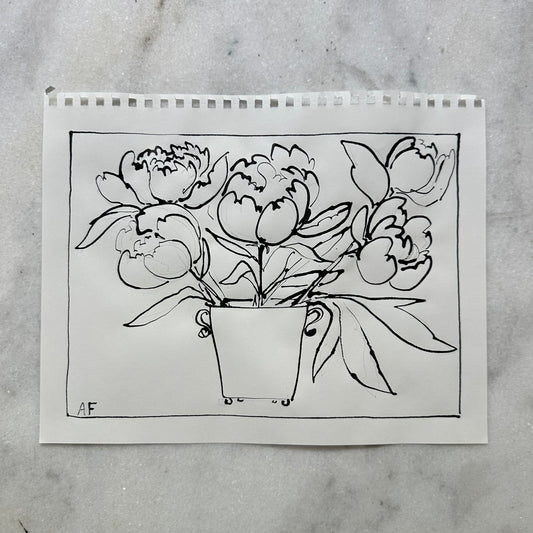 India Ink Peonies in Cache Pot (ii)