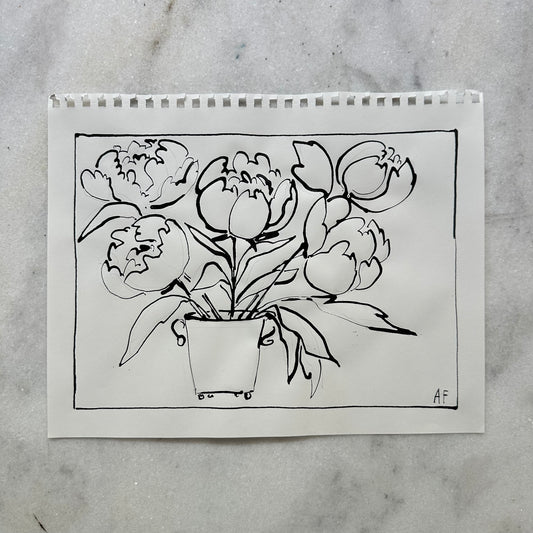 India Ink Peonies in Cache Pot (i)