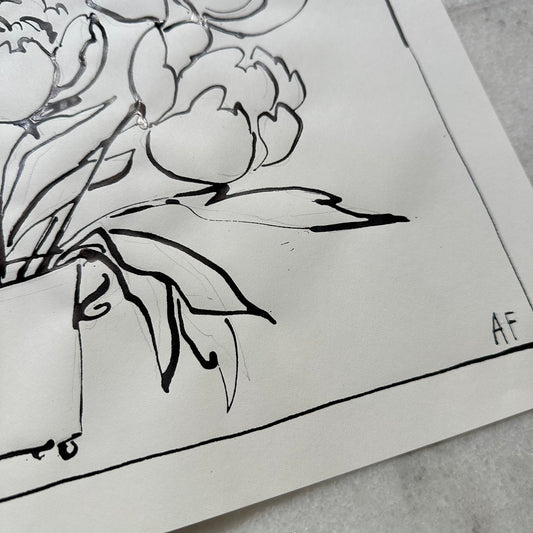 India Ink Peonies in Cache Pot (i)