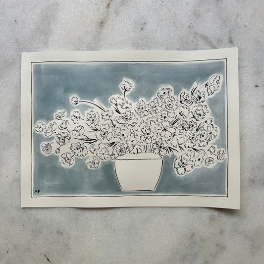 Flowers in Vase with Blue Background